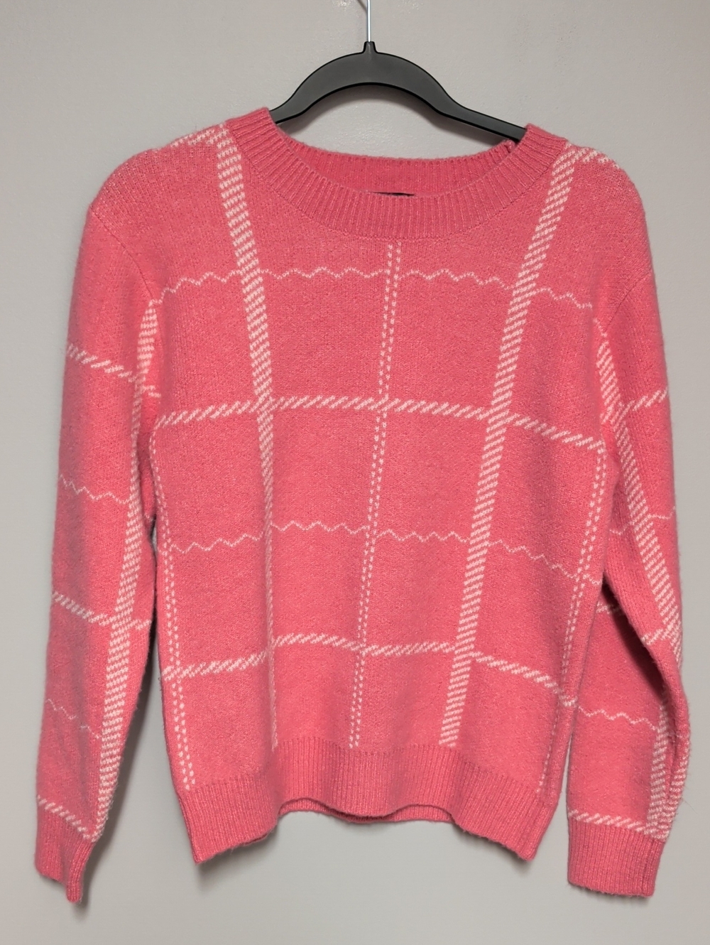 Lumiere Pink Windowpane Crewneck Sweater with White Grid